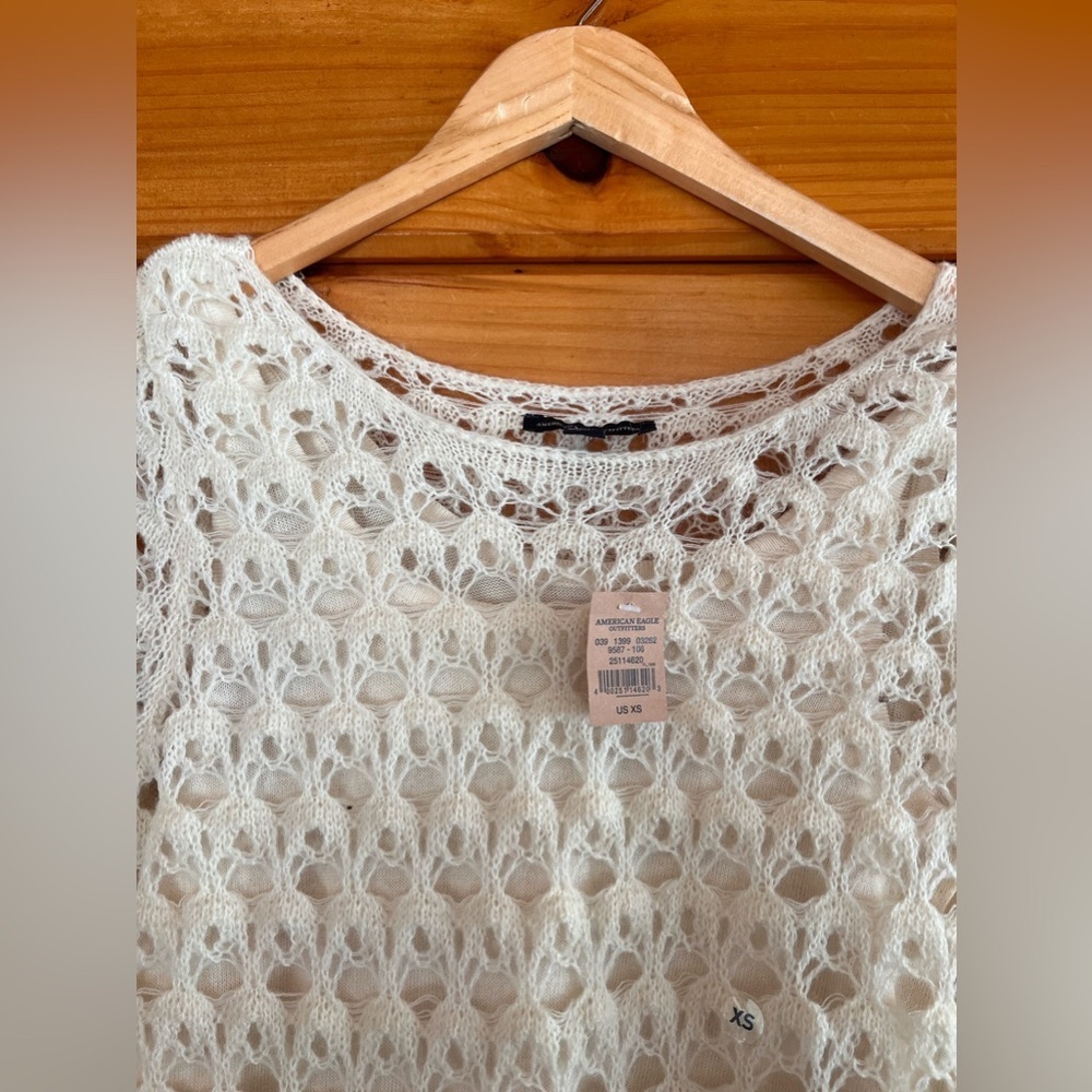 NWT Cute XS American Eagle Crochet Roubd Neck Midi Short Sleeve Off White Dress - Picture 3 of 6